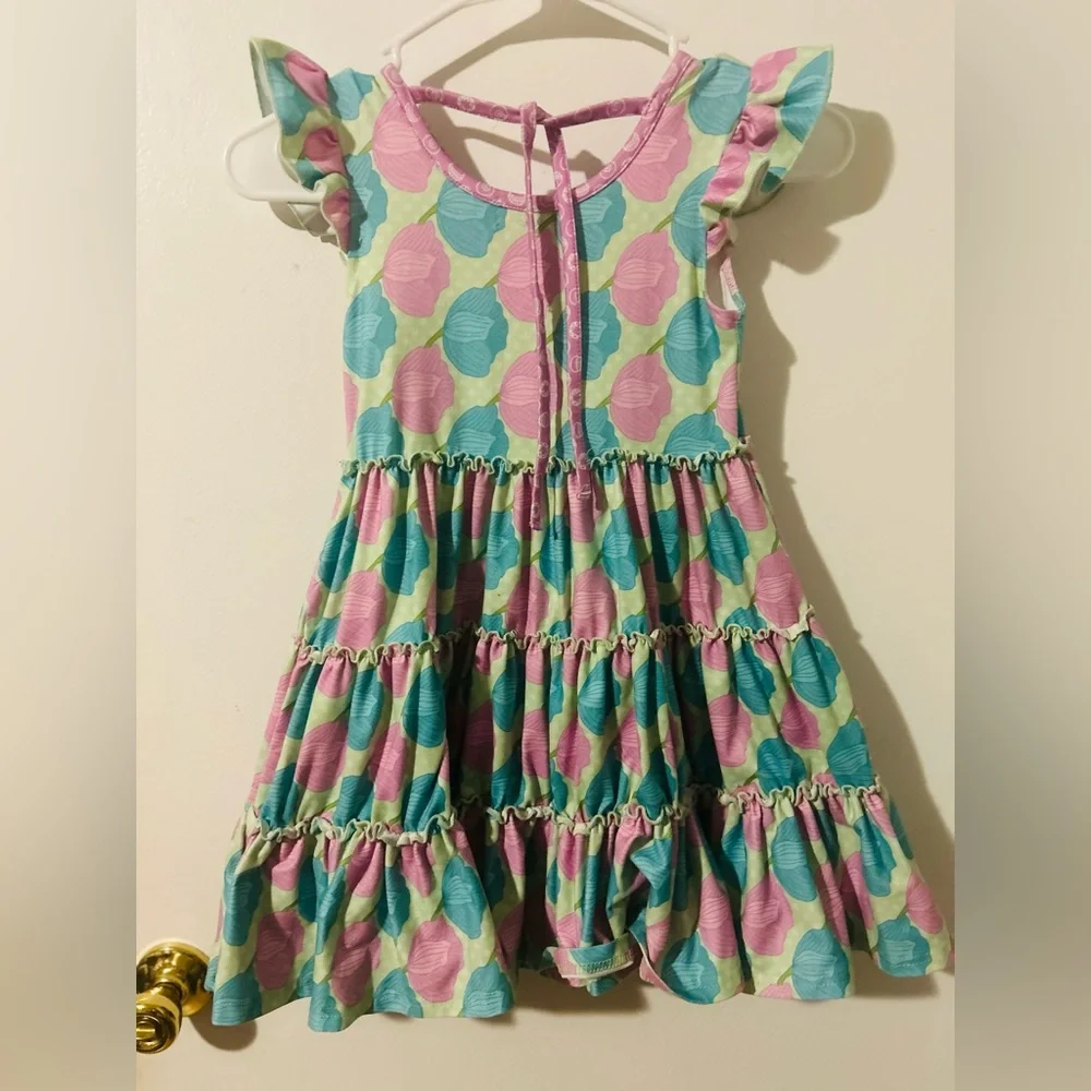Pete + Lucy Bloomin Blossoms Colorful Kids Dress with Ruffle Sleeves, Size 5.